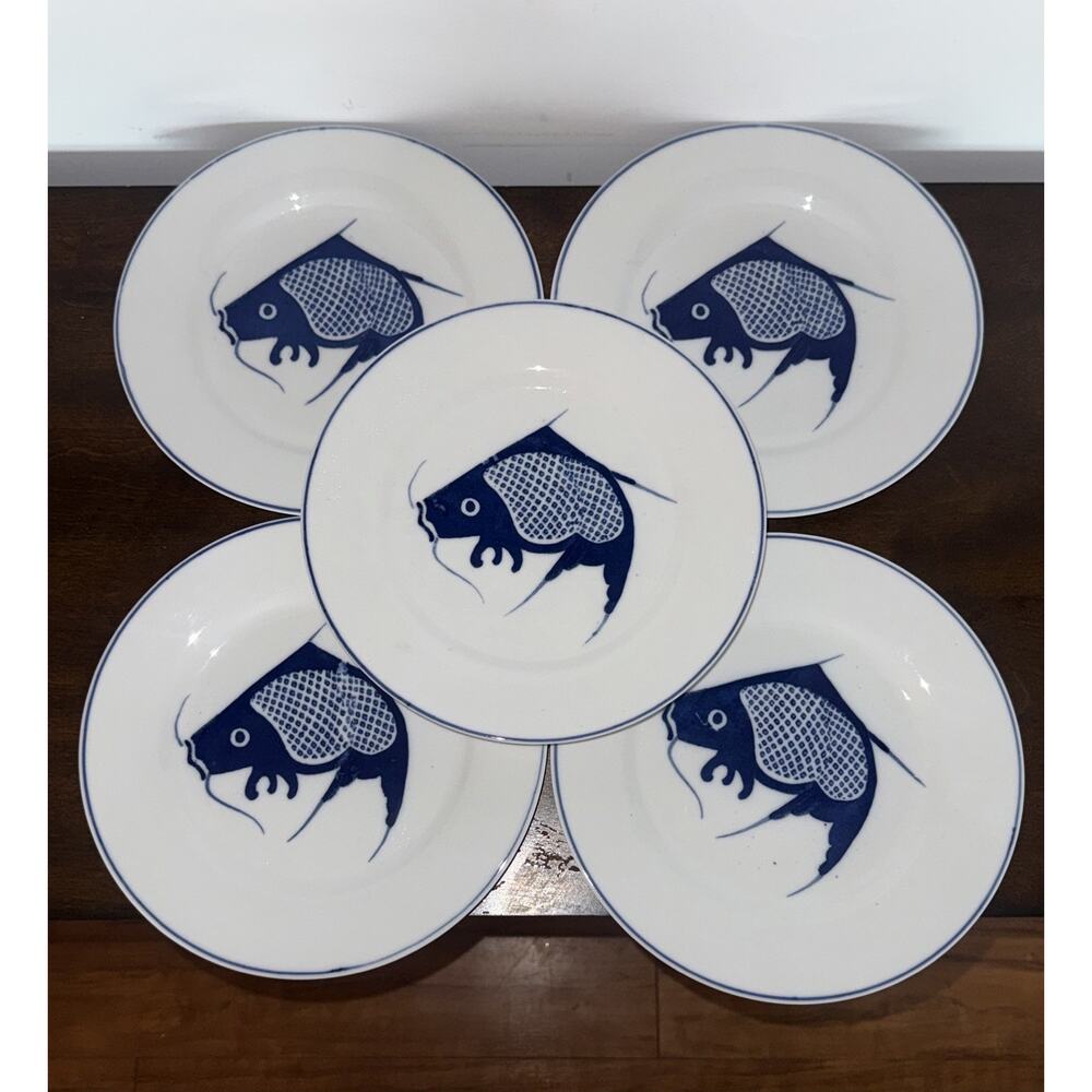 Koi Fish Blue White Ceramic Dinner Plates 10” Set of 5